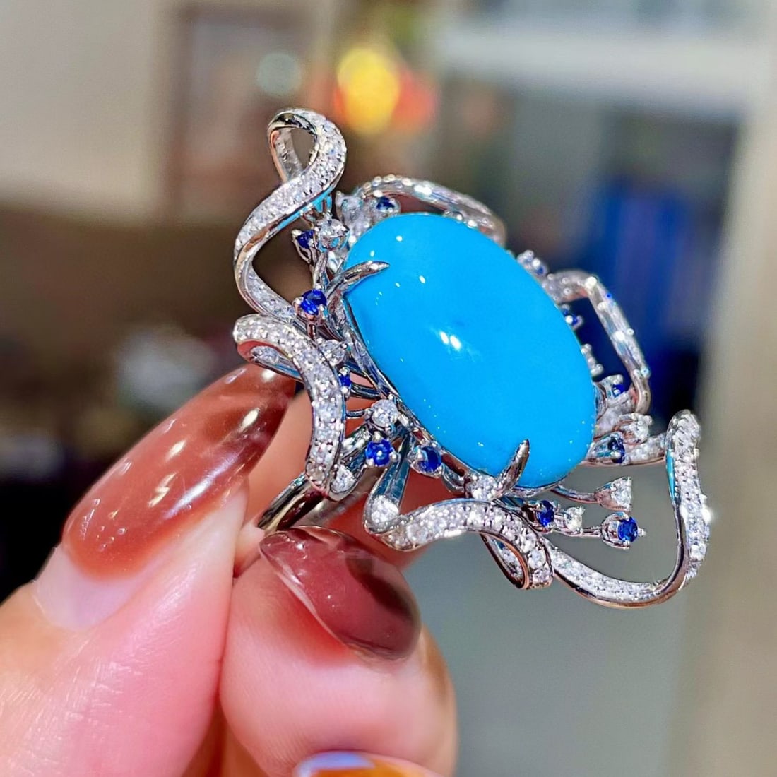 14k Gold 10.26 Ctw Natural Blue Turquoise & Diamond Ring - 2