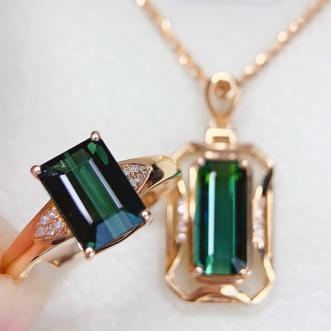 14k Gold 4.65 Ct Natural Tourmaline & Diamond Jewelry Set - 2