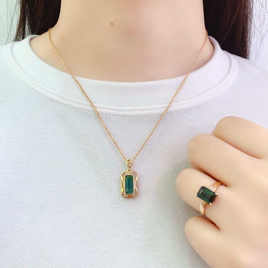 14k Gold 4.65 Ct Natural Tourmaline & Diamond Jewelry Set - 3