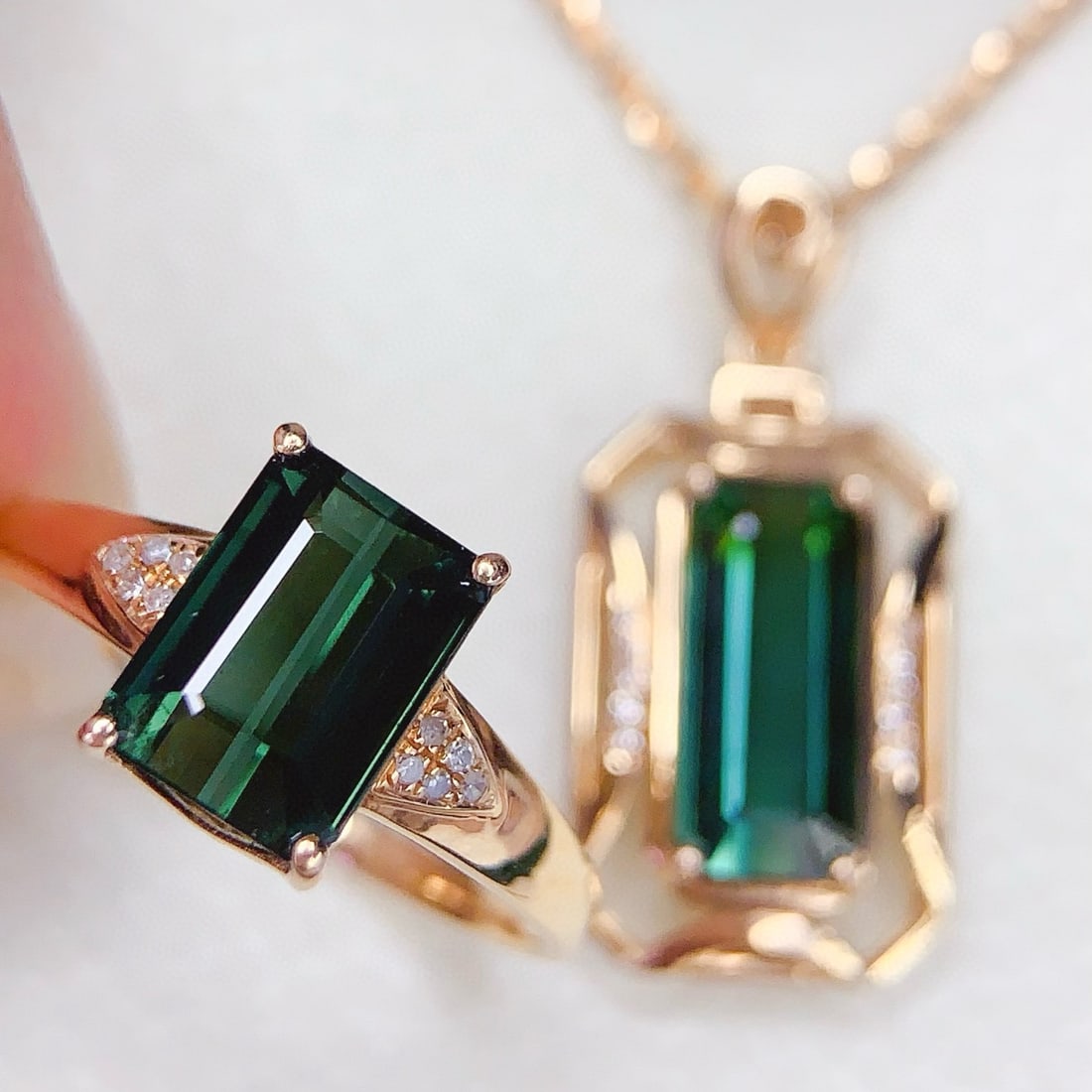 14k Gold 4.65 Ct Natural Tourmaline & Diamond Jewelry Set - 4