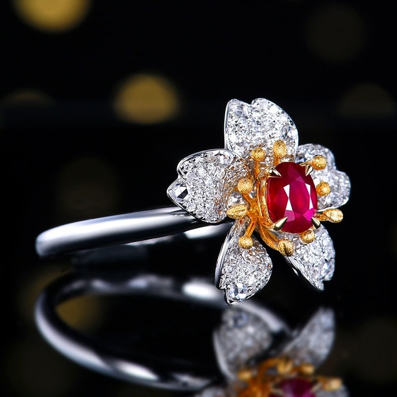 14k Gold 0.95 Ctw Natural Ruby & Diamond & Flowers Ring - 3