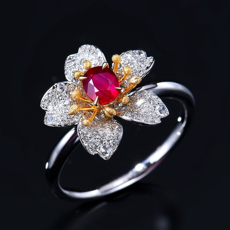 14k Gold 0.95 Ctw Natural Ruby & Diamond & Flowers Ring - 4