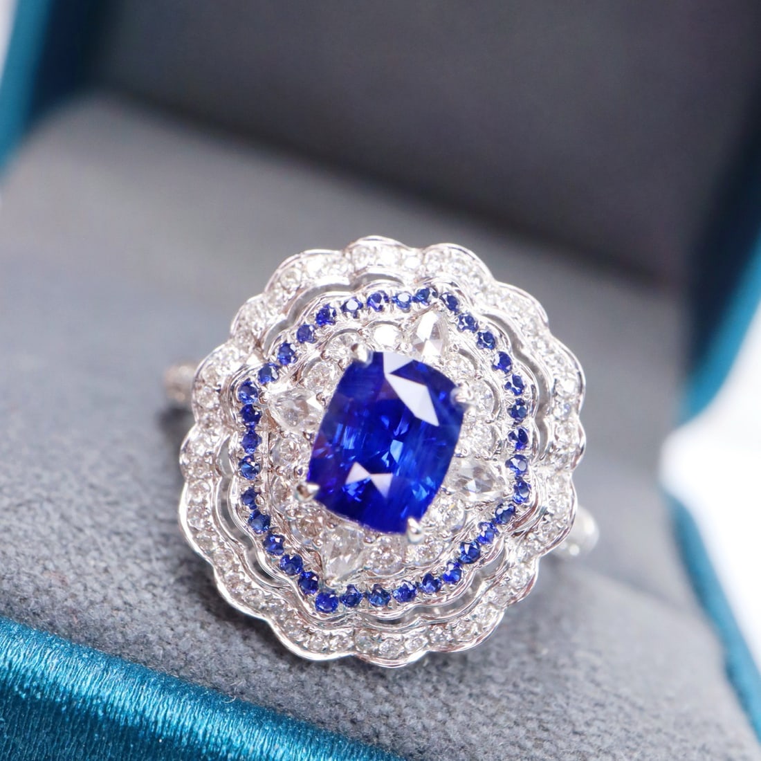 14k Gold 1.79 Ctw Natural Sapphire & Diamond Ring: Ref:231120055 // gold content:14k gold // ring size:7. 25us // // main gemstone:sapphire // shape:cushion // carat weight:1. 35ct // color:royal blue // treatment:natural // // adjacent gemstone 2