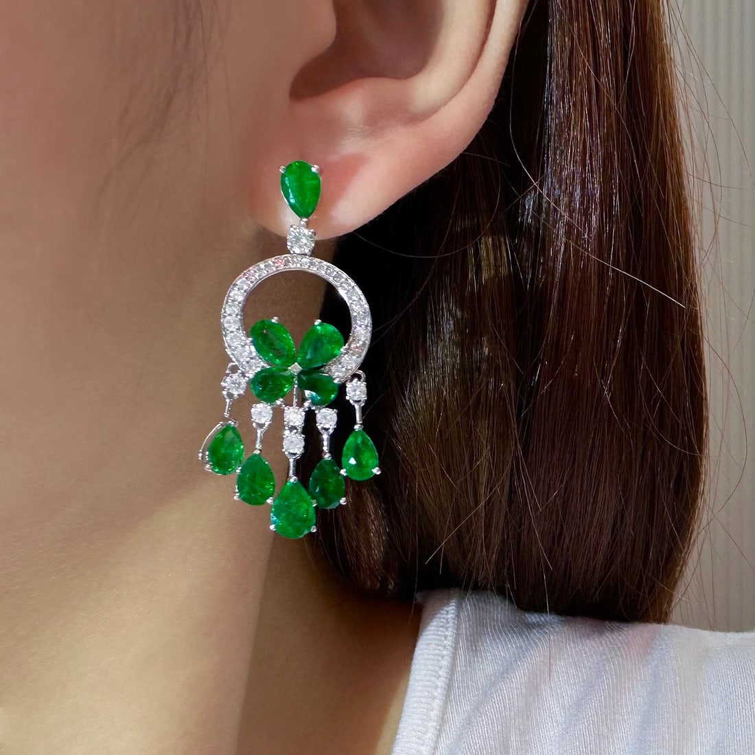 14k Gold 8.45 Ctw Vivid Green Natural Emerald & Diamond Earrings - 2