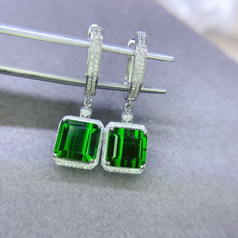 14k Gold 8.62 Ct Natural Tourmaline & Diamond Earrings - 2