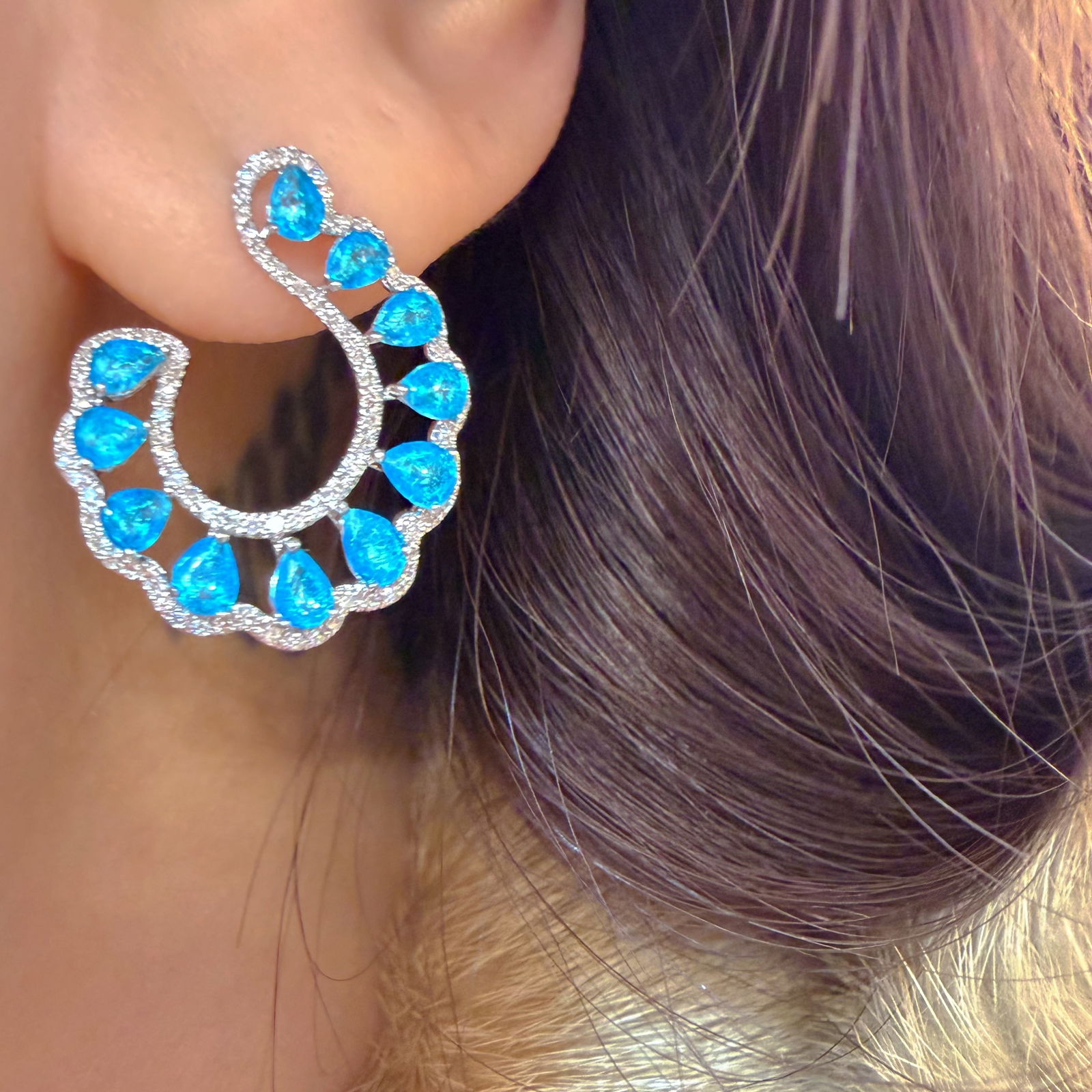 14k Gold 2 Ct Natural Paraiba Tourmaline & Diamond Earrings - 3