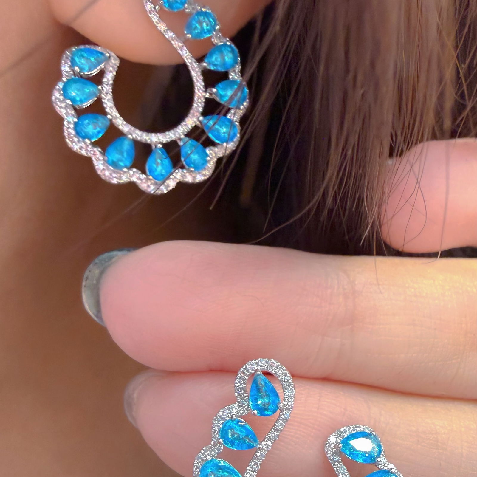 14k Gold 2 Ct Natural Paraiba Tourmaline & Diamond Earrings - 7