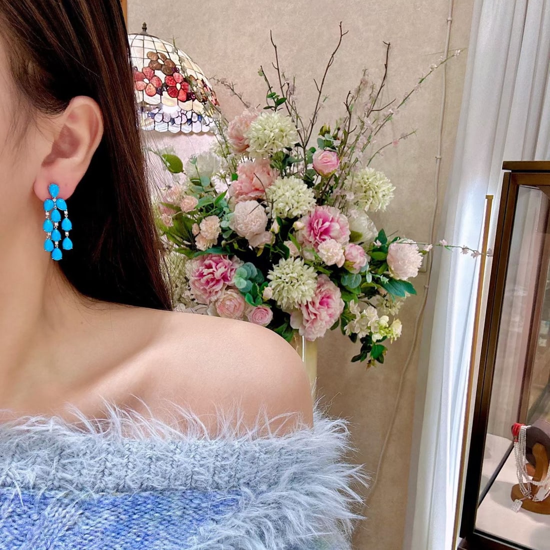 14k Gold 13.85 Ctw Natural Blue Turquoise & Diamond Earrings - 3