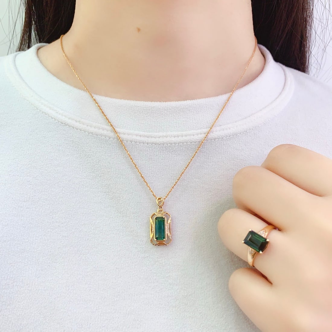 14k Gold 4.65 Ct Natural Tourmaline & Diamond Jewelry Set - 3