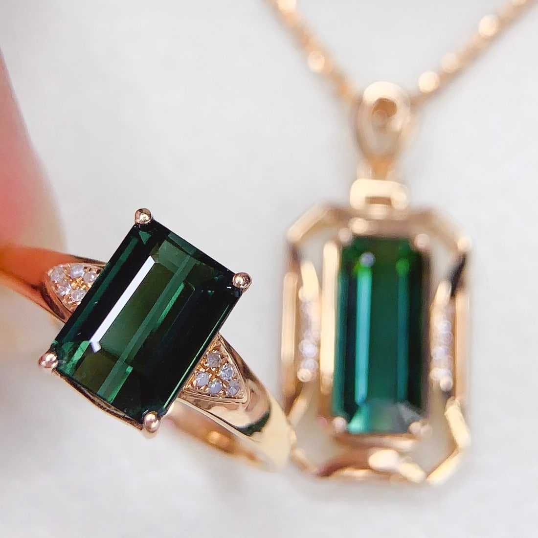 14k Gold 4.65 Ct Natural Tourmaline & Diamond Jewelry Set - 4