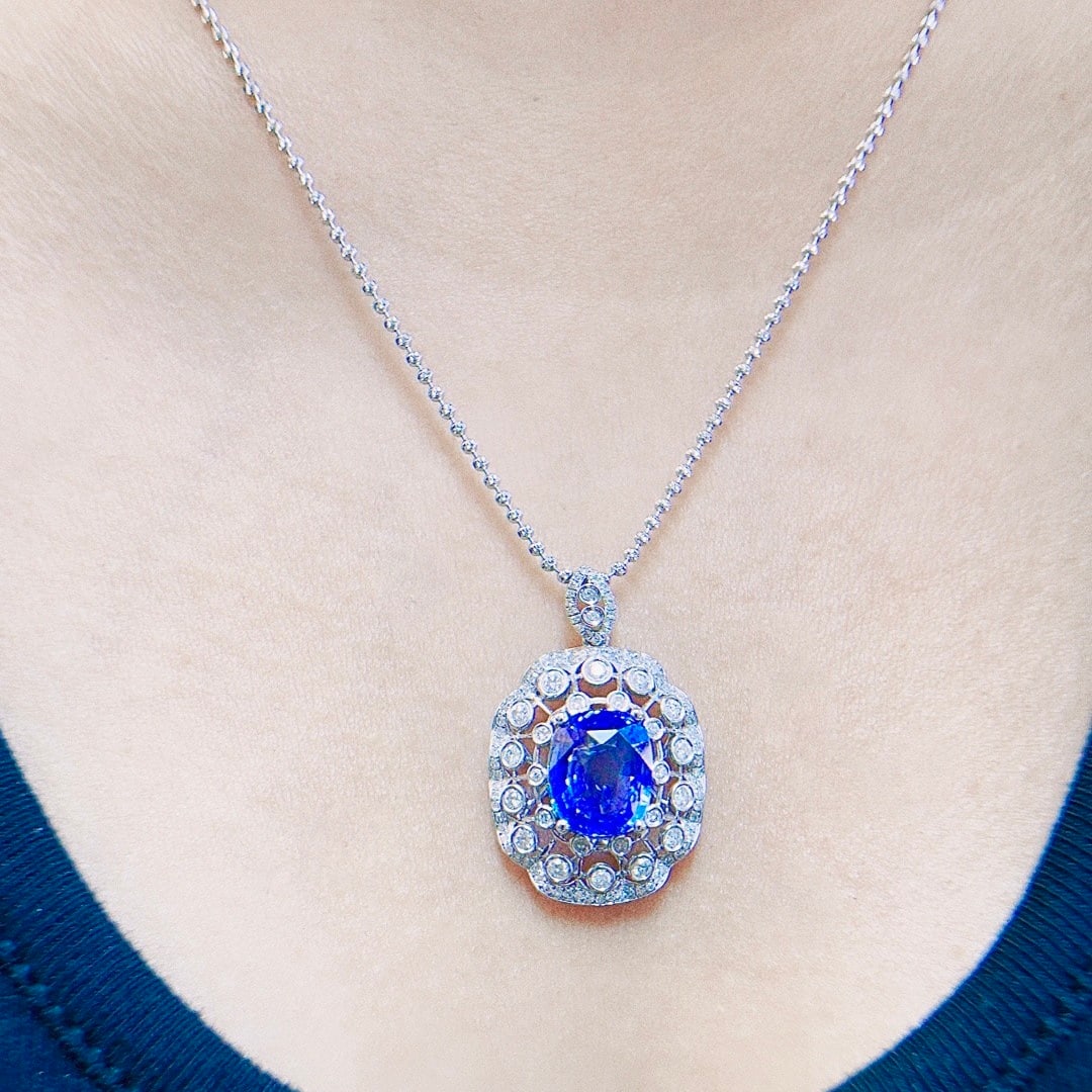 14k Gold 3.64 Ctw Natural Sapphire & Diamond Pendant( Without Chain ) - 7