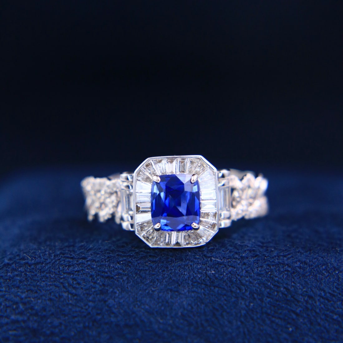 14k Gold 1.76 Ctw Natural Sapphire & Diamond Ring: Ref:231120138 // gold content:14k gold // ring size:7. 25us // // main gemstone:sapphire // shape:cushion // carat weight:1. 13ct // color:royal blue // treatment:natural // // adjacent gemstone 2