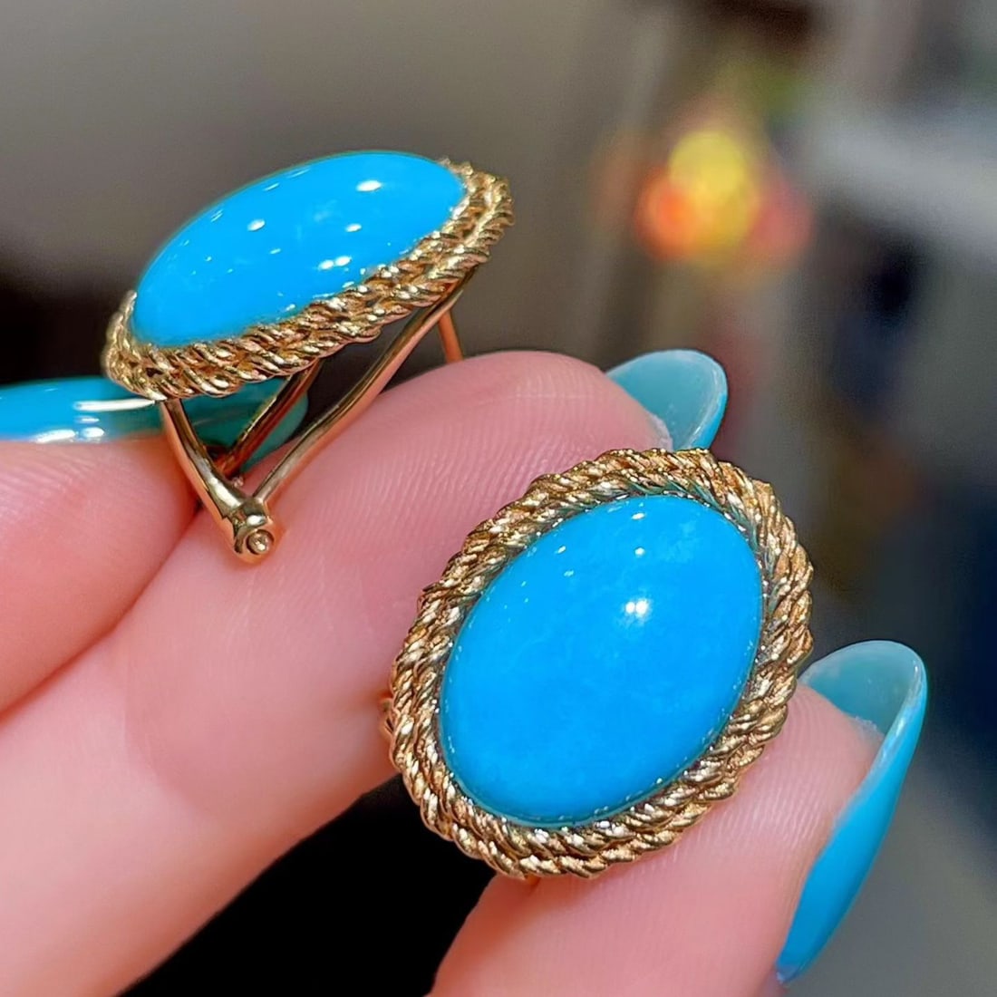14k Gold 7.83 Ct Natural Blue Turquoise Earrings - 2