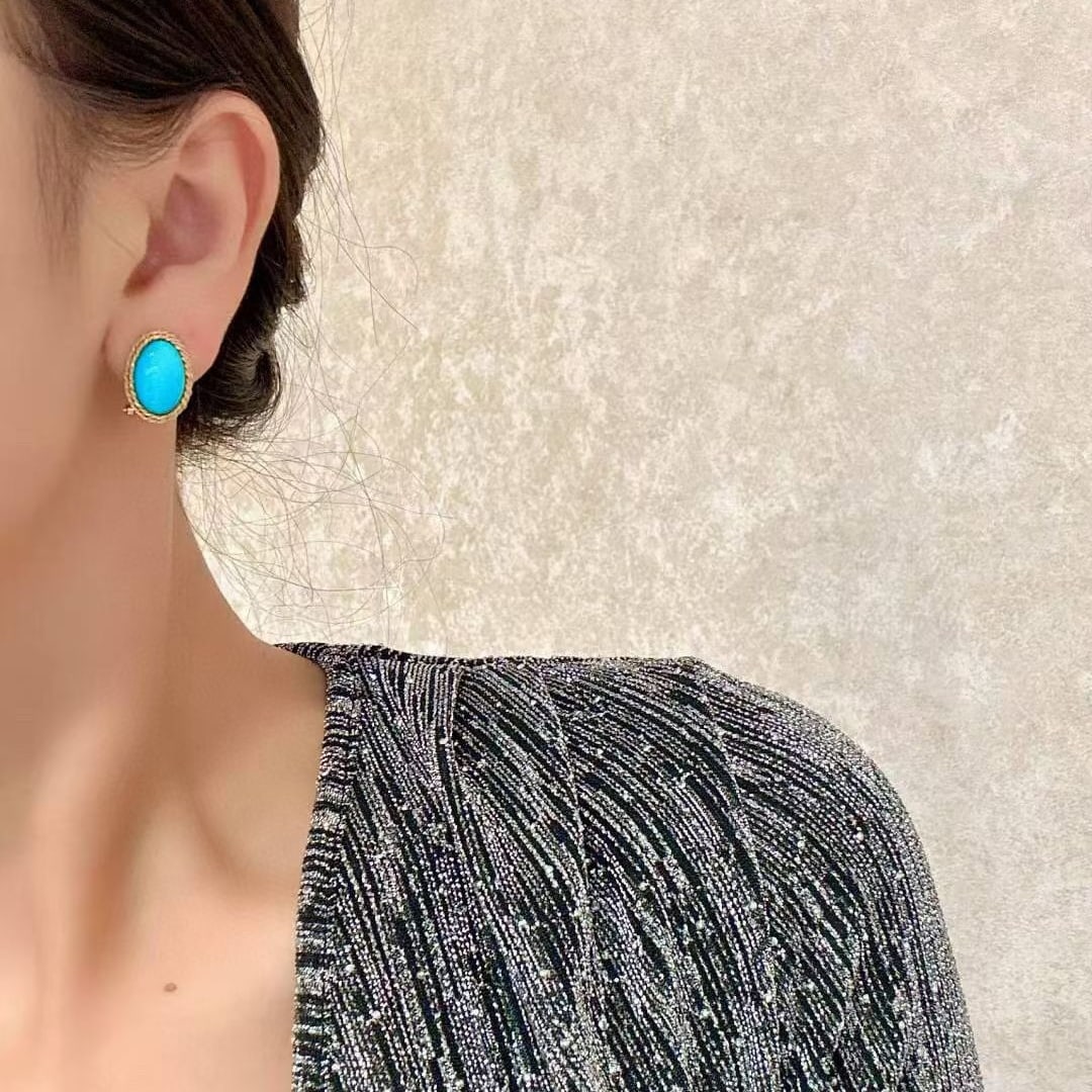 14k Gold 7.83 Ct Natural Blue Turquoise Earrings - 4