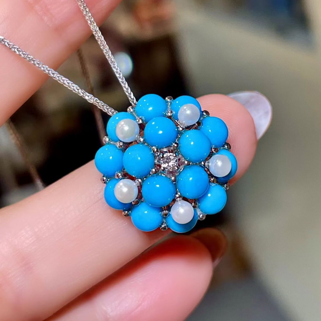 14k Gold 4.6 Ct Natural Blue Turquoise & Diamond Pendant( Without Chain ) - 2