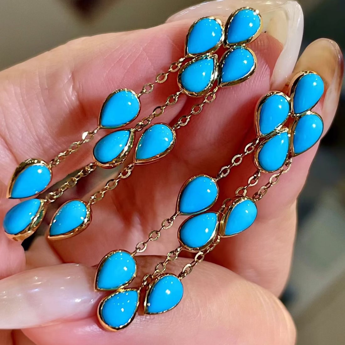 14k Gold 8.0 Ct Natural Blue Turquoise Earrings - 2