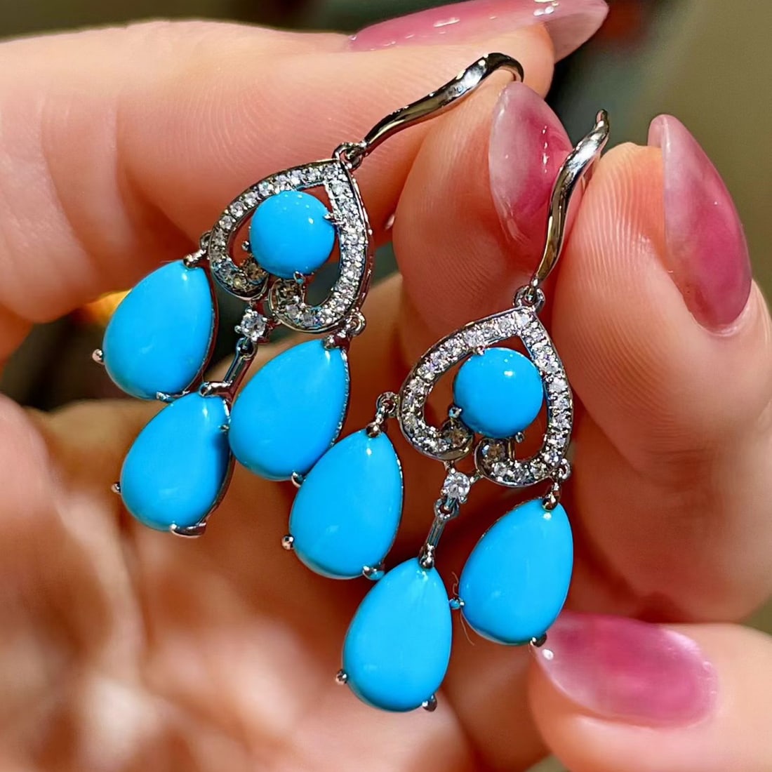 14k Gold 9.22 Ctw Natural Blue Turquoise & Diamond Earrings - 4