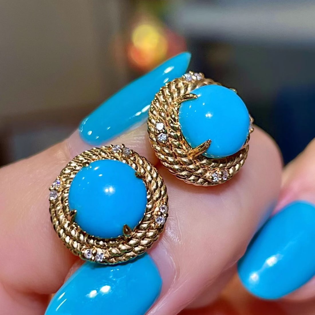 14k Gold 3.67 Ctw Natural Blue Turquoise & Diamond Earrings - 2