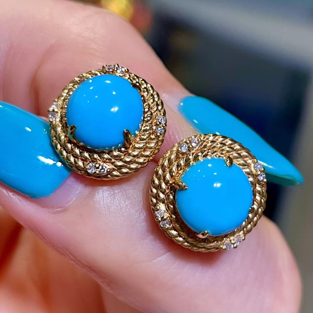 14k Gold 3.67 Ctw Natural Blue Turquoise & Diamond Earrings - 3