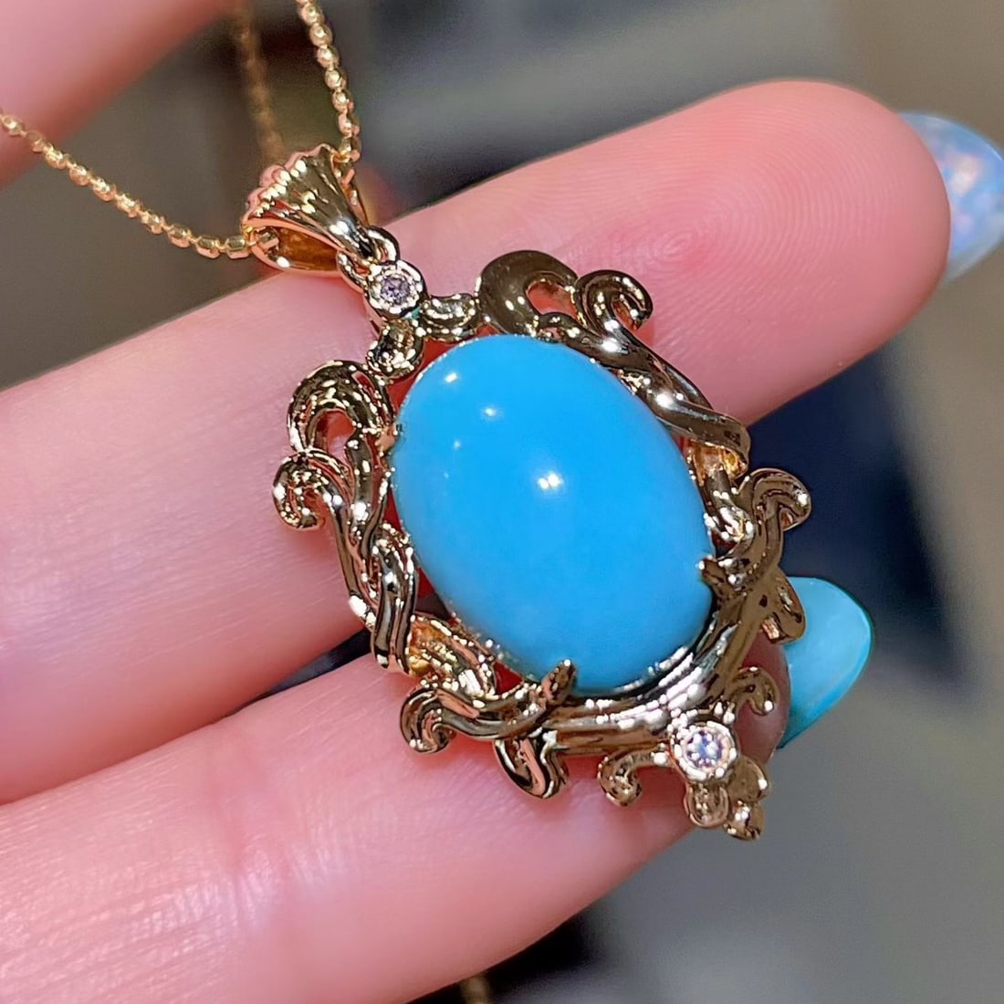 14k Gold 4.79 Ct Natural Blue Turquoise & Diamond Pendant( Without Chain ) - 2