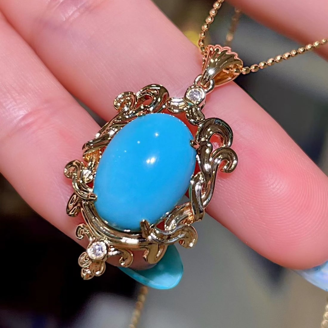 14k Gold 4.79 Ct Natural Blue Turquoise & Diamond Pendant( Without Chain ) - 3