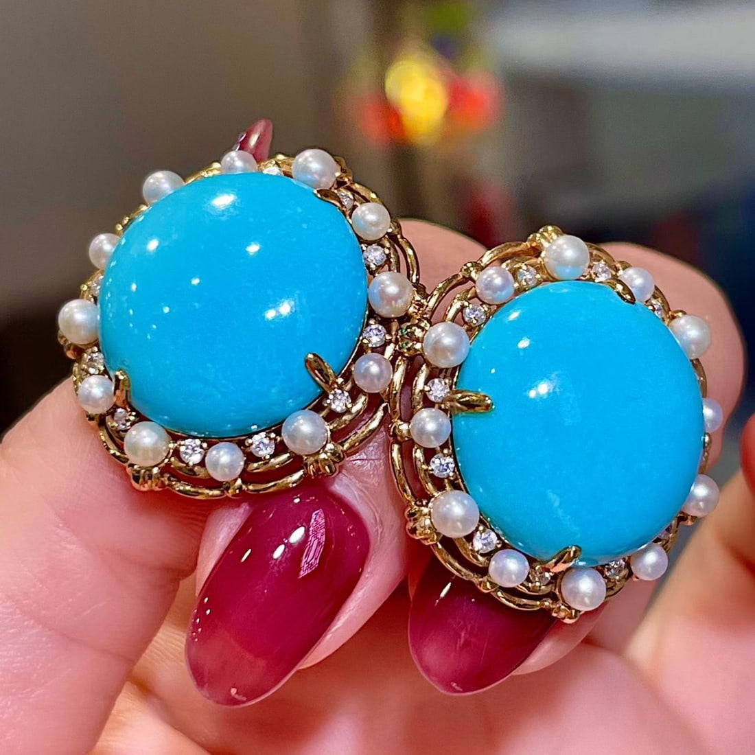 14k Gold 37.69 Ctw Natural Blue Turquoise & Diamond Earrings - 2