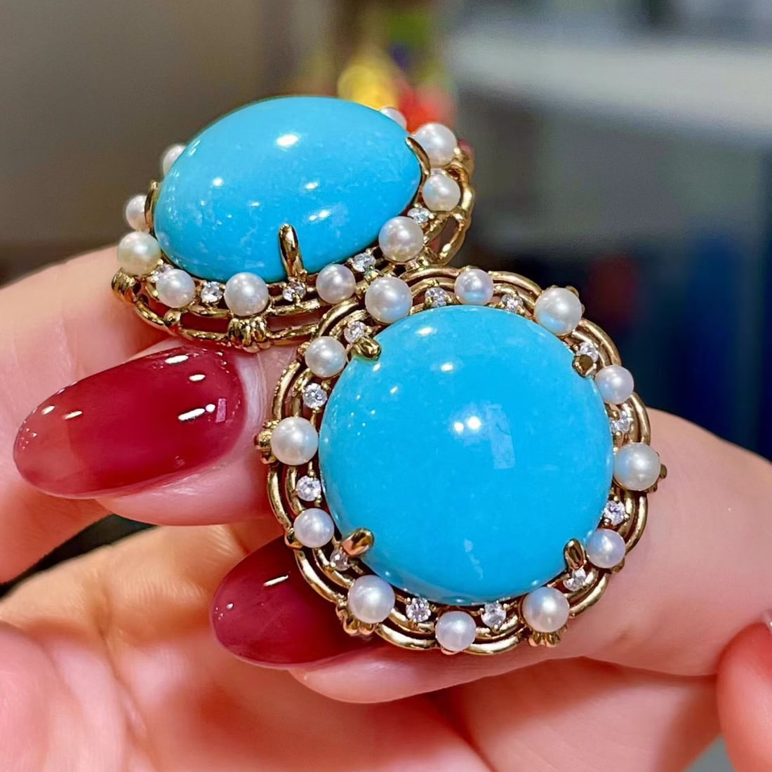 14k Gold 37.69 Ctw Natural Blue Turquoise & Diamond Earrings - 3