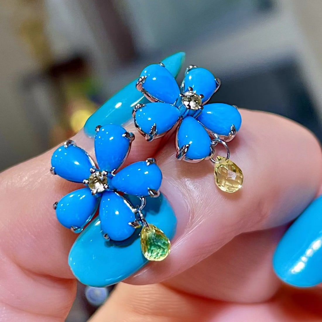 14k Gold 3.22 Ctw Natural Blue Turquoise & Sapphire Earrings - 2