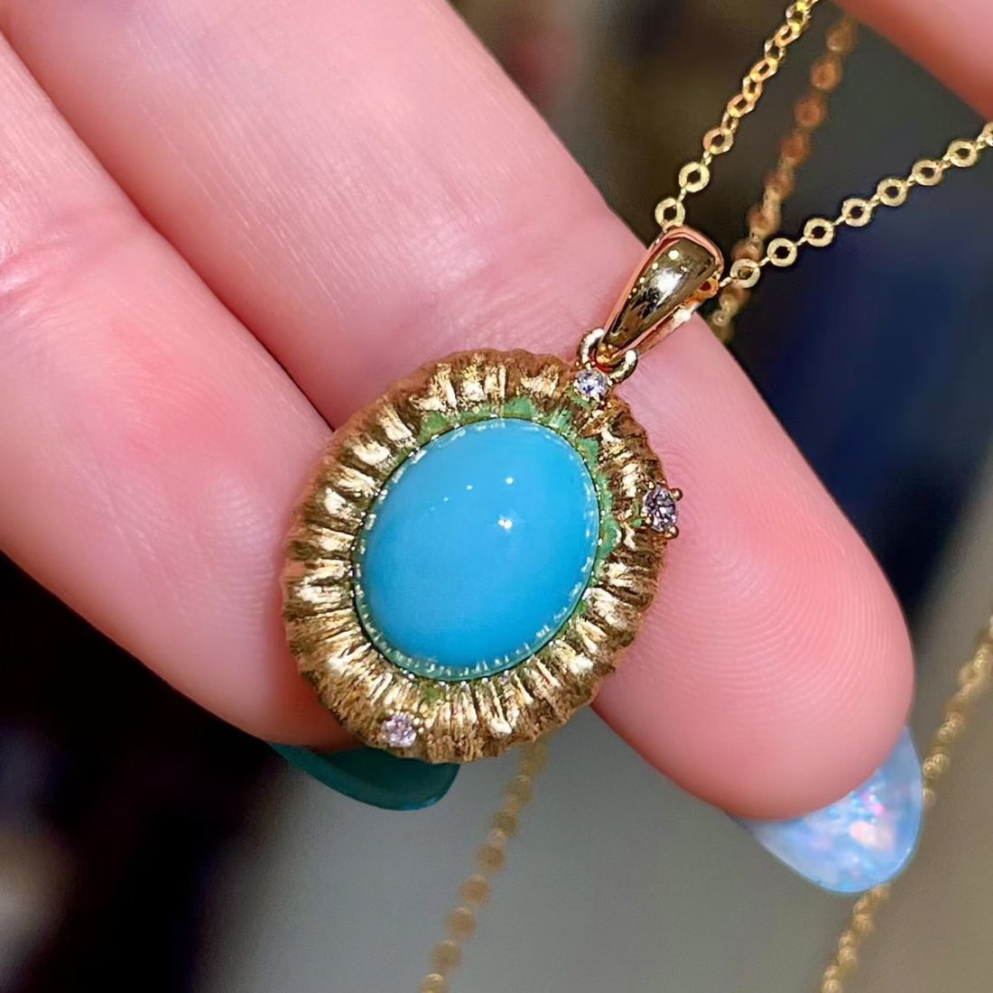 14k Gold 2.64 Ctw Natural Blue Turquoise & Diamond Pendant( Without Chain ) - 3