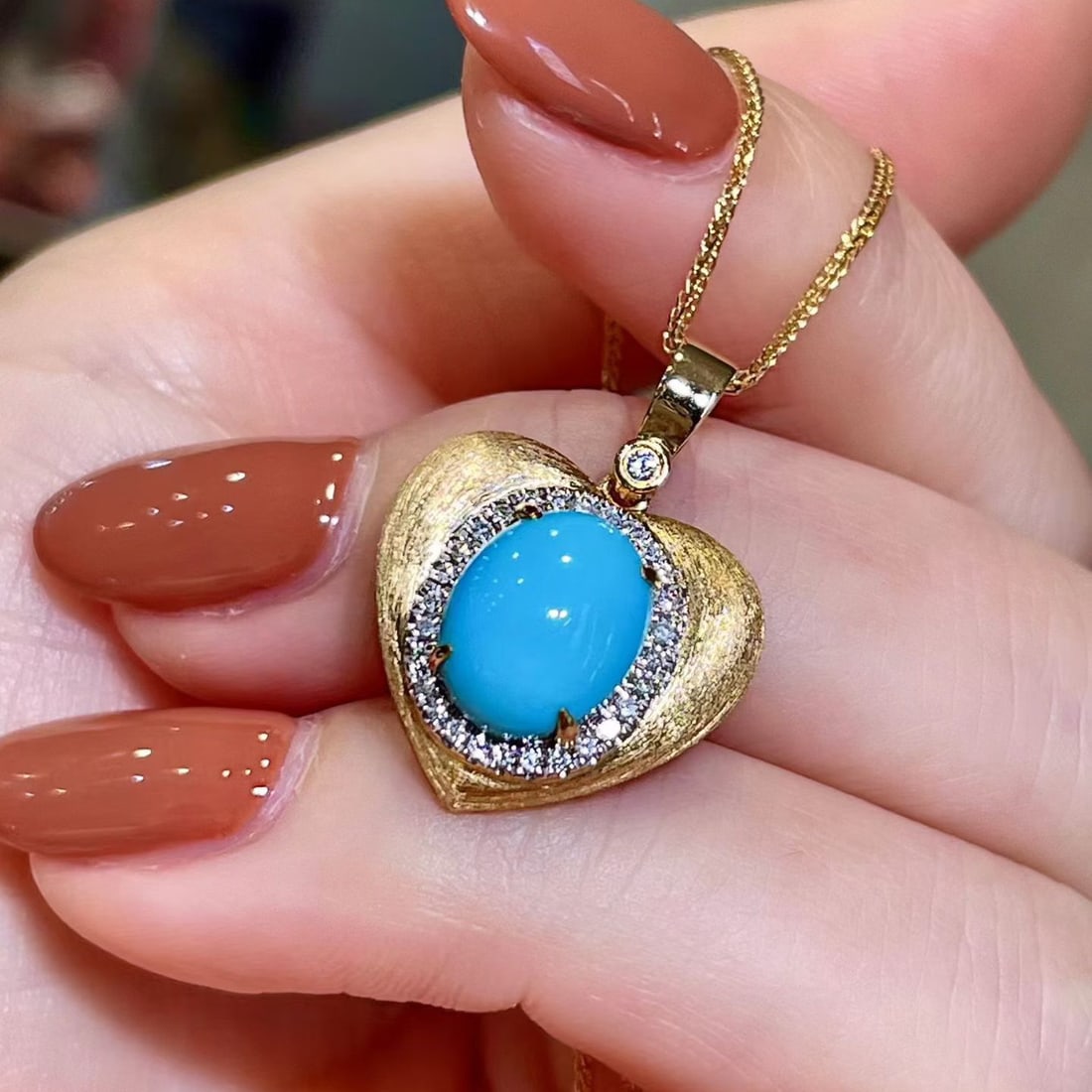 14k Gold 2.70 Ctw Natural Blue Turquoise & Diamond Pendant( Without Chain ) - 2