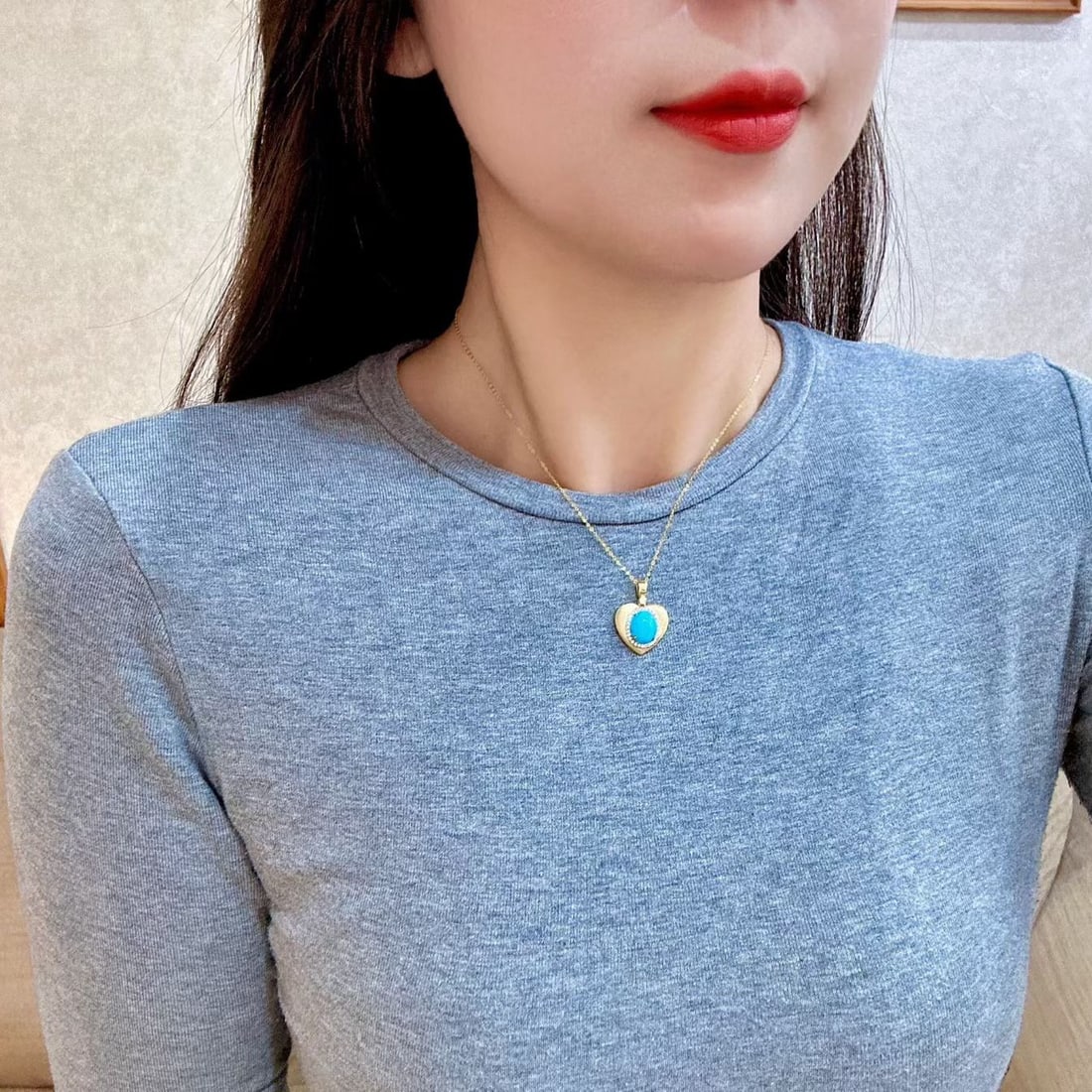 14k Gold 2.70 Ctw Natural Blue Turquoise & Diamond Pendant( Without Chain ) - 4