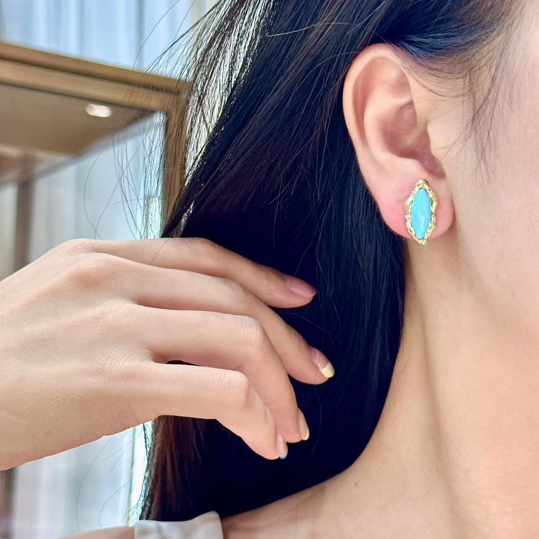 14k Gold 5.15 Ctw Natural Blue Turquoise & Diamond Earrings - 4