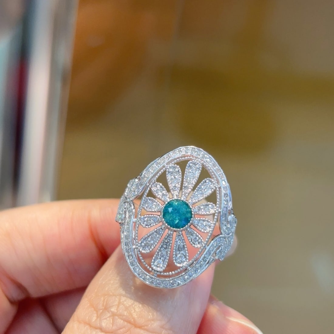 14k Gold 1.2 Ctw Natural Paraiba Tourmaline & Diamond Ring: Ref:231120227 // gold content:14k gold // ring size:7. 25us // // main gemstone:paraiba tourmaline // shape:round // carat weight:0. 4ct // color:blue // treatment:natural // cut grade:g // //