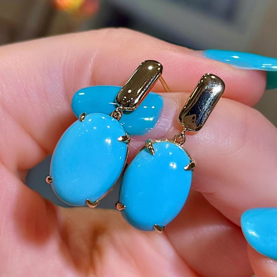 14k Gold 8.31 Ct Natural Blue Turquoise Earrings - 2