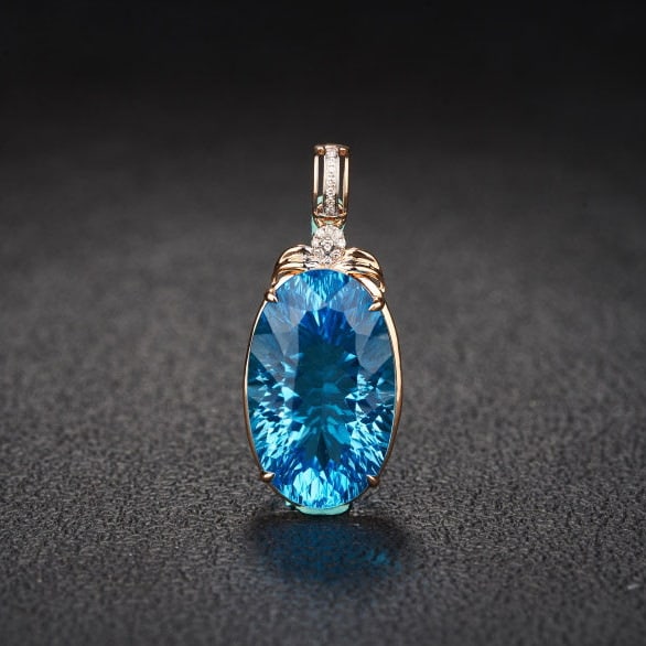 14k Gold 22.48 Ct Natural Topaz & Diamond Pendant( Without Chain ): Ref:231120237 // gold content:14k gold // main gemstone:topaz // shape:oval // carat weight:22. 48ct // color:blue // treatment:natural // // adjacent gemstone 2 : diamond // shape:round // clarity gr