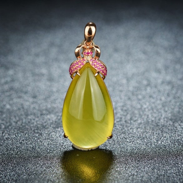 14k Gold 23.36 Ct Natural Prehnite & Ruby Pendant( Without Chain ): Ref:231120238 // gold content:14k gold // main gemstone:prehnite // shape:pear // carat weight:23. 36ct // color:yellow // treatment:natural // // adjacent gemstone 2 : ruby // shape:round // color:re