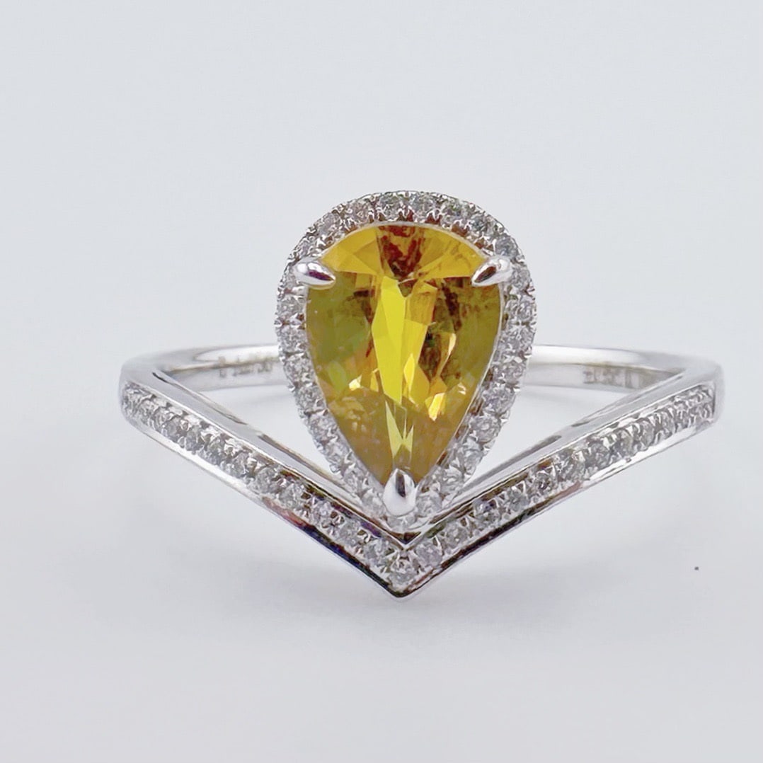 14k Gold 1.11 Ctw Natural Sapphire & Diamond Ring: Ref:231120269 // gold content:14k gold // ring size:7. 25us // // main gemstone:sapphire // shape:pear // carat weight:0. 95ct // color:yellow // treatment:natural // // adjacent gemstone 2 :