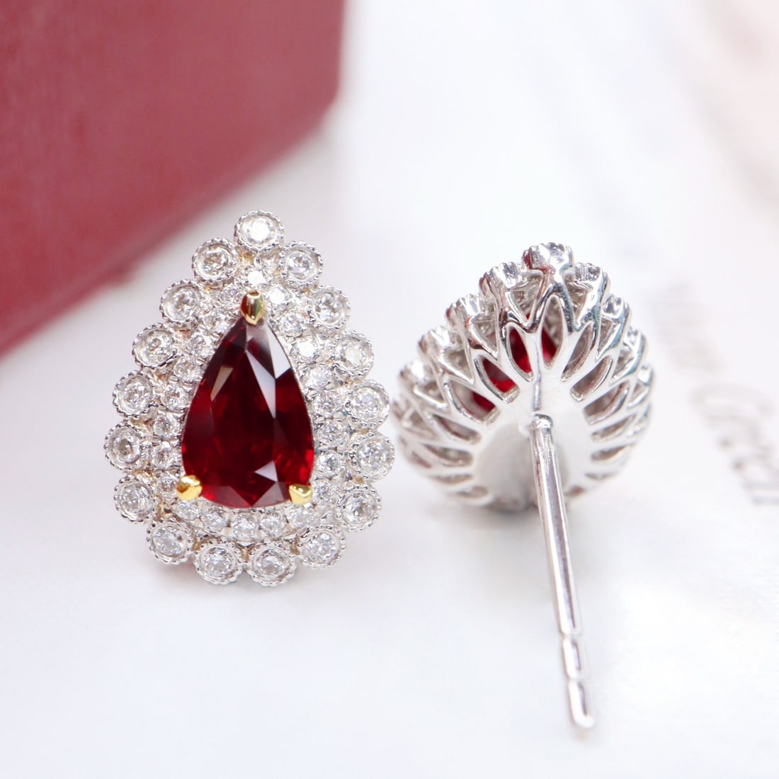 14k Gold 1.11 Ctw Vivid Red Natural Ruby & Diamond Earrings - 3