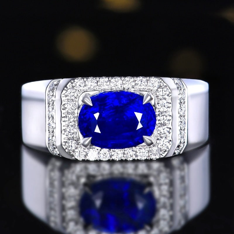 14k Gold 3.31 Ctw Vivid Blue Natural Sapphire & Diamond & Men¡¯s Ring: Ref:231120276 // gold content:14k gold // ring size:8us // // main gemstone:sapphire // shape:oval // carat weight:2. 95ct // color:vivid blue // treatment:natural // // adjacent gemstone 2 :