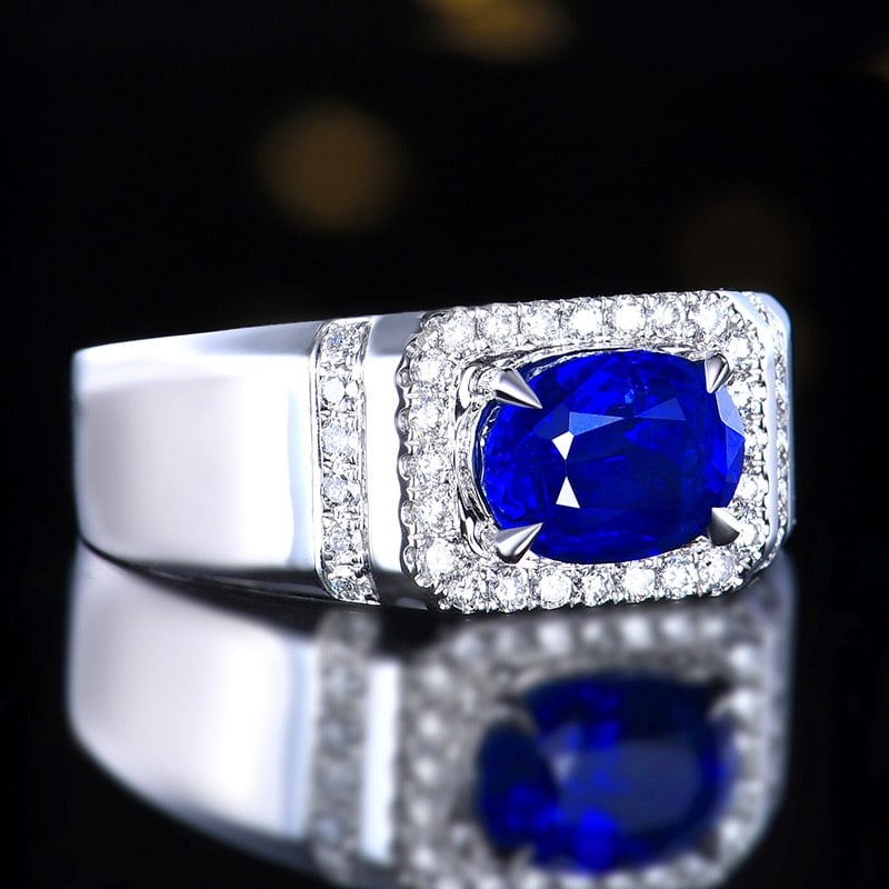 14k Gold 3.31 Ctw Vivid Blue Natural Sapphire & Diamond & Men¡¯s Ring - 3