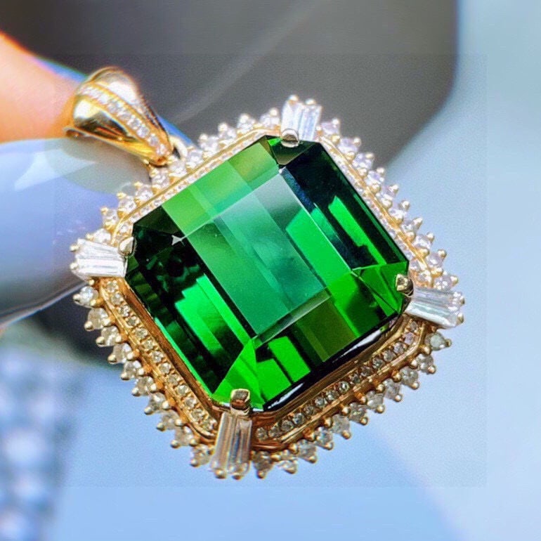 14k Gold 20 Ct Natural Tourmaline & Diamond Pendant( Without Chain ) - 3