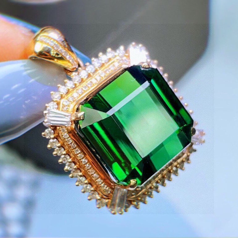14k Gold 20 Ct Natural Tourmaline & Diamond Pendant( Without Chain ) - 6