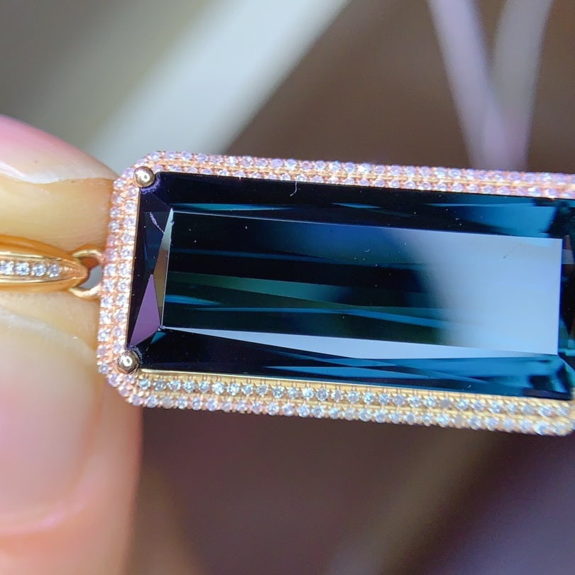 14k Gold 15.76 Ct Natural Tourmaline & Diamond Pendant( Without Chain ) - 6