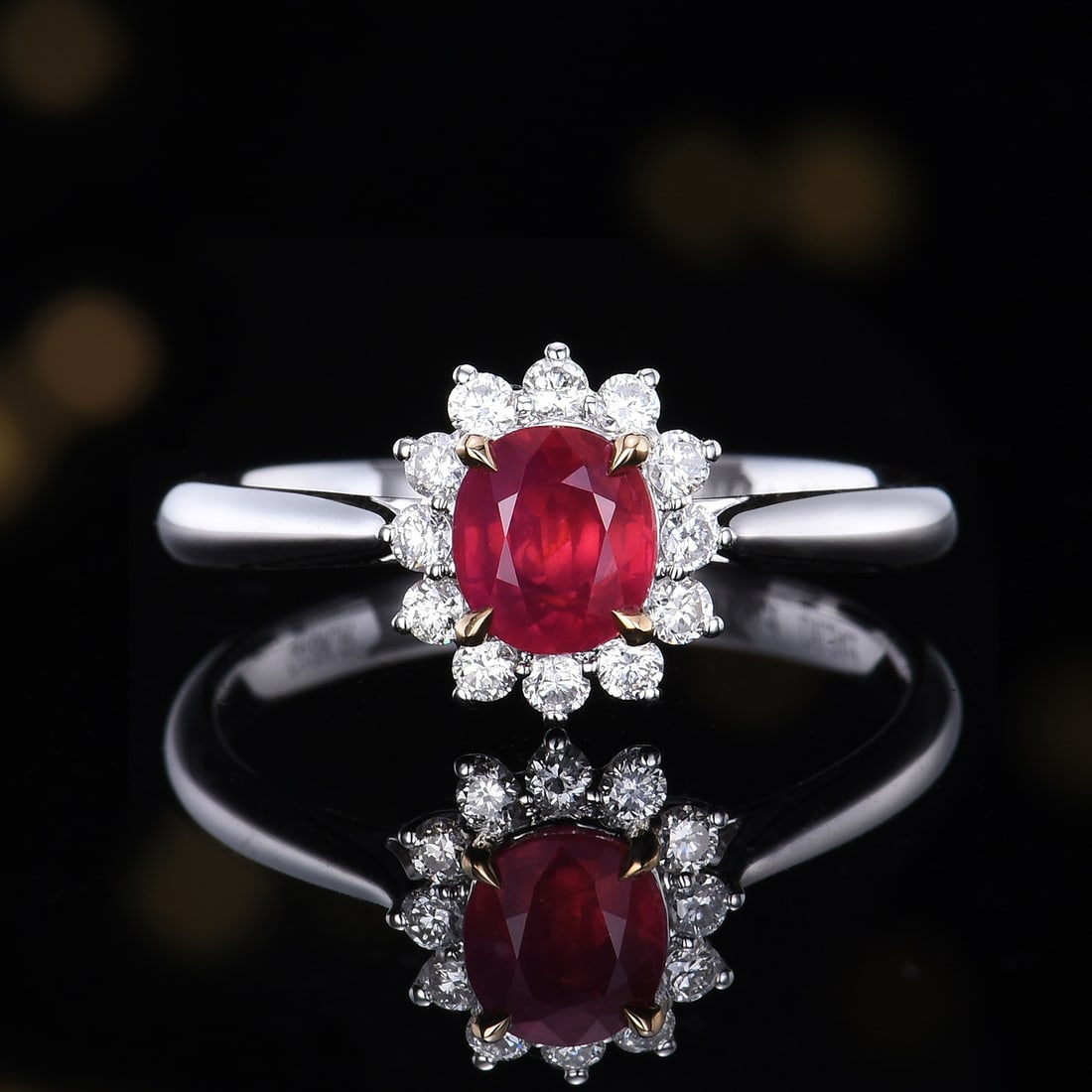14k Gold 1.25 Ctw Vivid Red Natural Ruby & Diamond Ring: Ref:231120304 // gold content:14k gold // ring size:7. 25us // // main gemstone:ruby // shape:oval // carat weight:1. 01ct // color:vivid red // treatment:natural // // adjacent gemstone 2 : diamond /