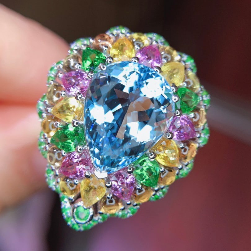 14k Gold 10.49 Ctw Natural Aquamarine & Sapphire & Tsavorite Ring - 3