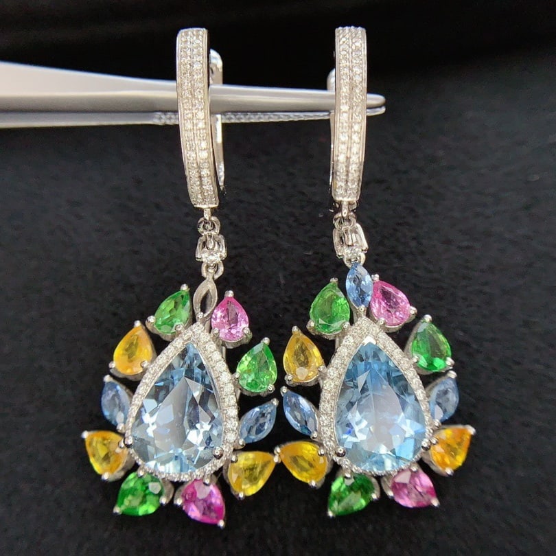 14k Gold 5.3 Ct Natural Aquamarine & Diamond Earrings - 5