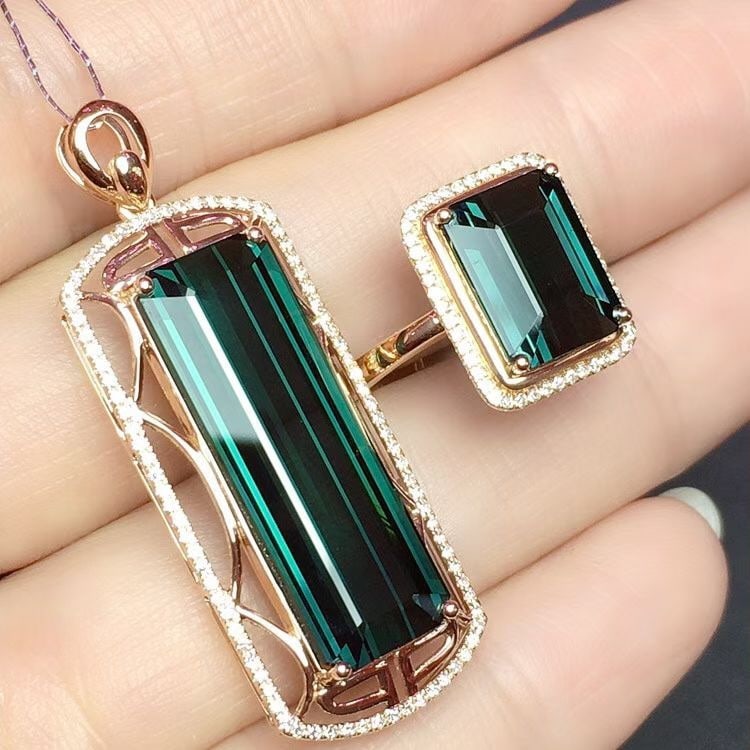 14k Gold 17.11 Ct Natural Tourmaline & Diamond Jewelry Set - 2