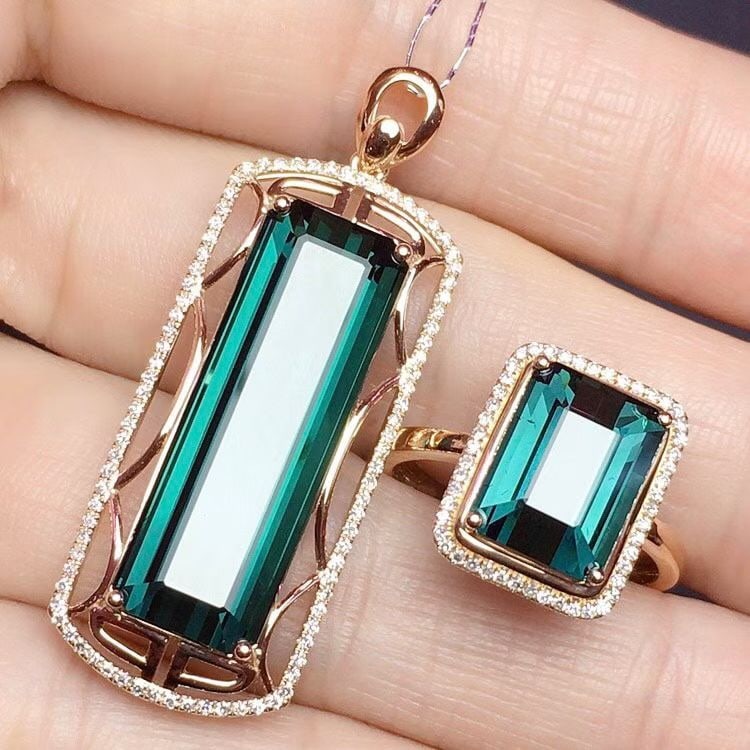 14k Gold 17.11 Ct Natural Tourmaline & Diamond Jewelry Set - 3