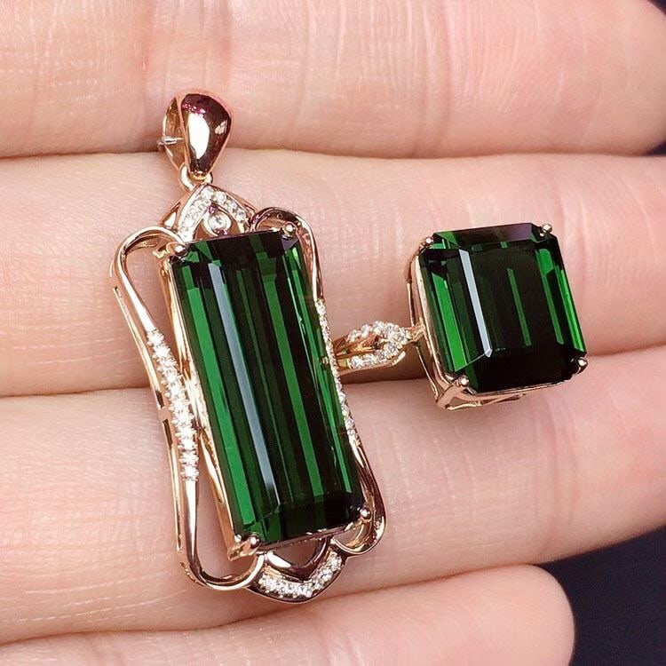 14k Gold 17.7 Ct Natural Tourmaline & Diamond Jewelry Set - 2