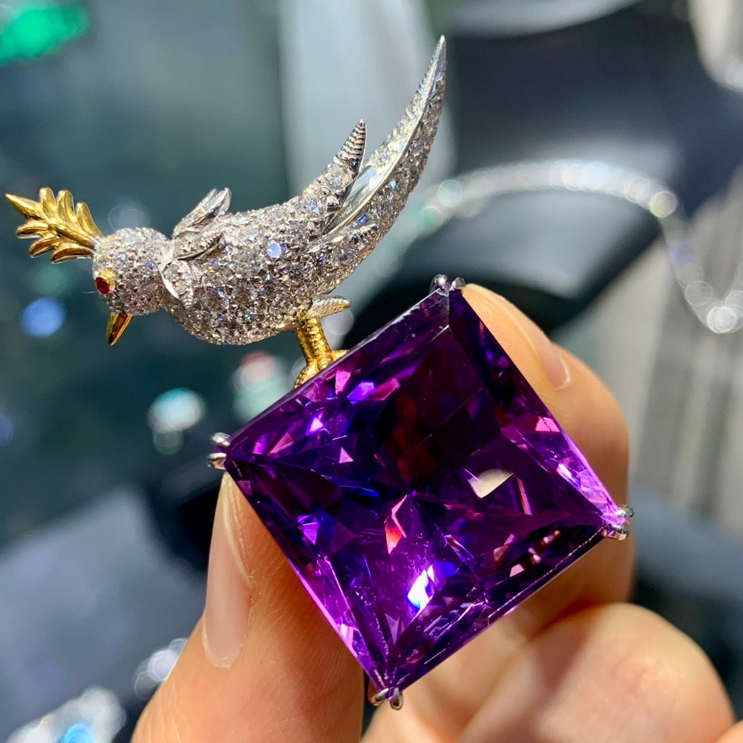 14k Gold 24.68 Ctw Natural Amethyst & Diamond Brooch/pendant( Without Chain ) - 2